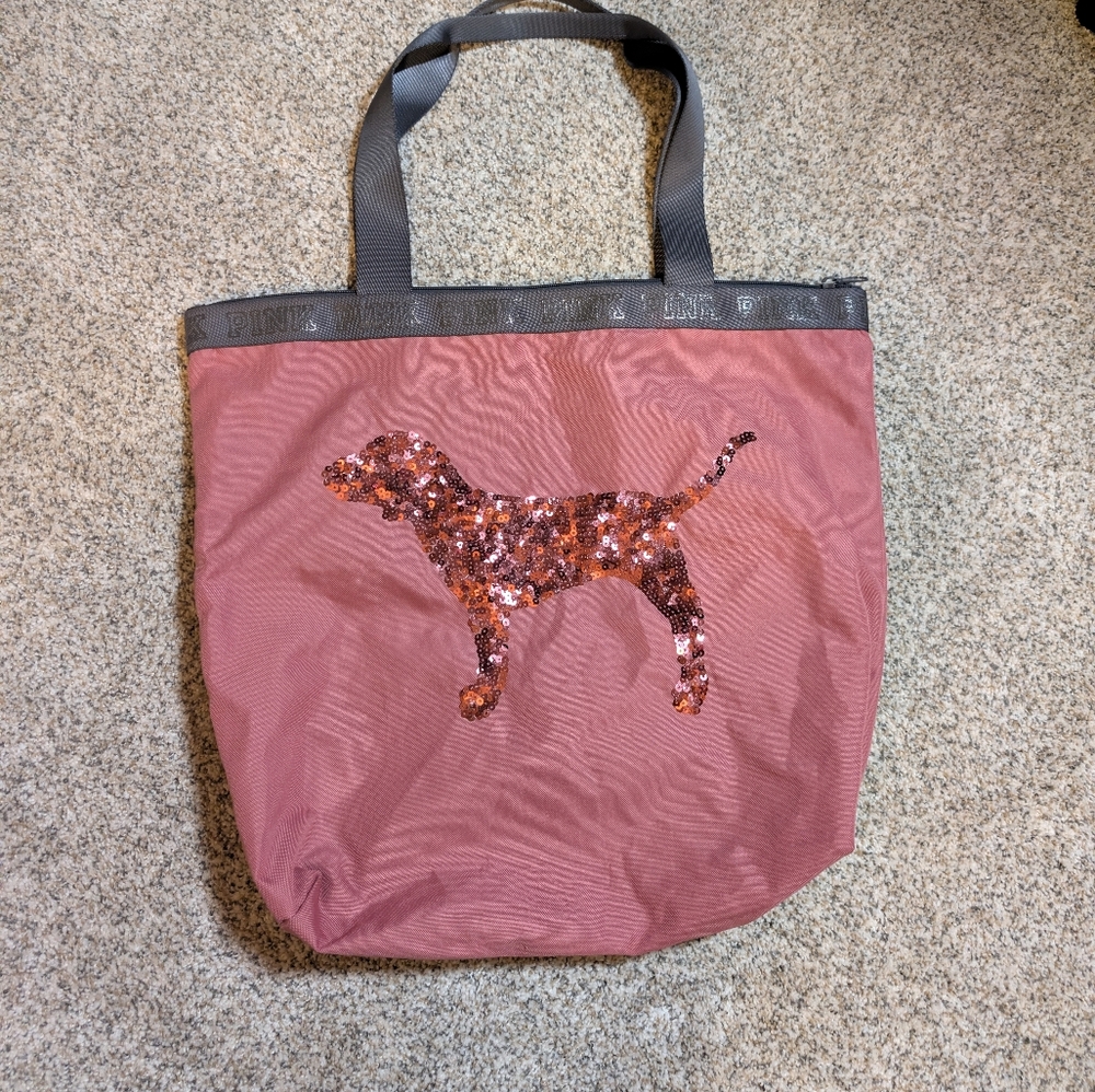 Pink Tote Bag with Sequin Dog Design